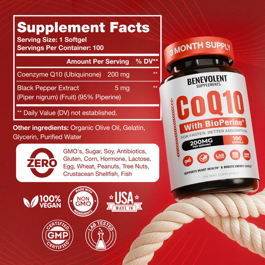 Back label of Benevolent CoQ10 200mg Softgels with supplement facts