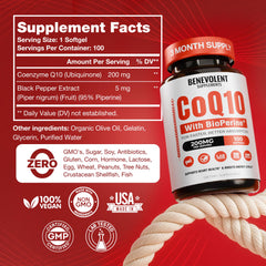 Back label of Benevolent CoQ10 200mg Softgels with supplement facts