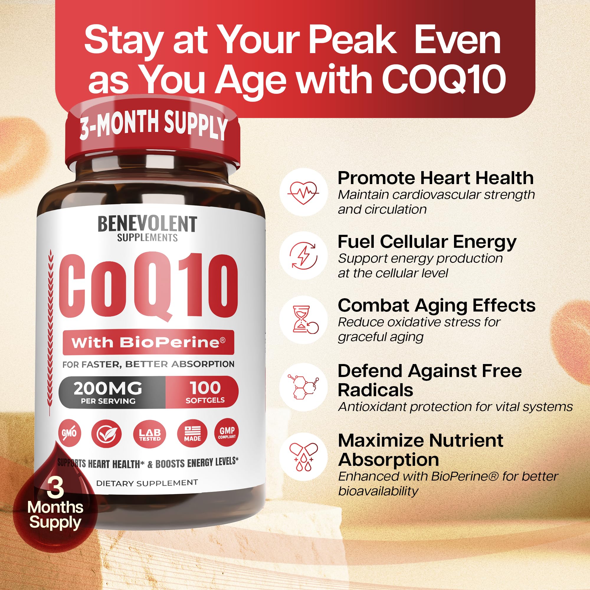 Close-up of Benevolent CoQ10 200mg softgels