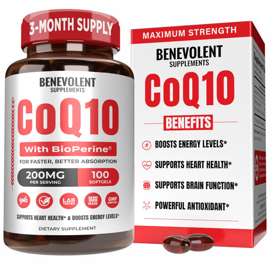 Front view of Benevolent CoQ10 200mg Softgels bottle with BioPerine label