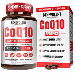 Front view of Benevolent CoQ10 200mg Softgels bottle with BioPerine label