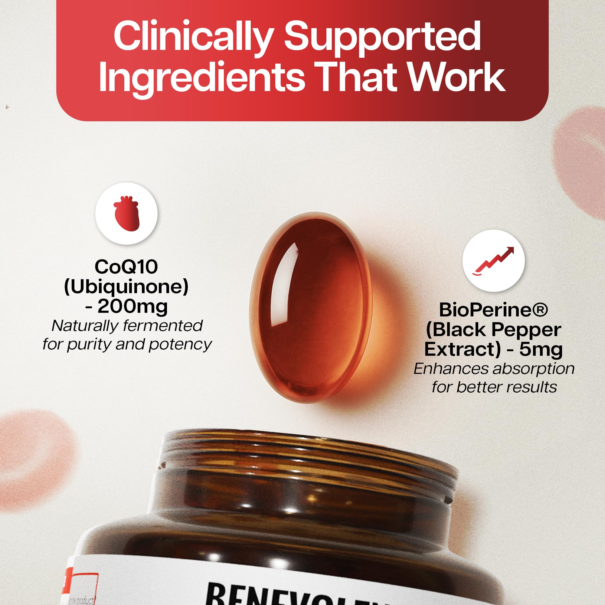 Benevolent CoQ10 bottle with label and 100-count packaging
