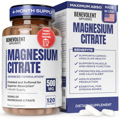 Bottle of Benevolent Magnesium Citrate 500mg veggie capsules