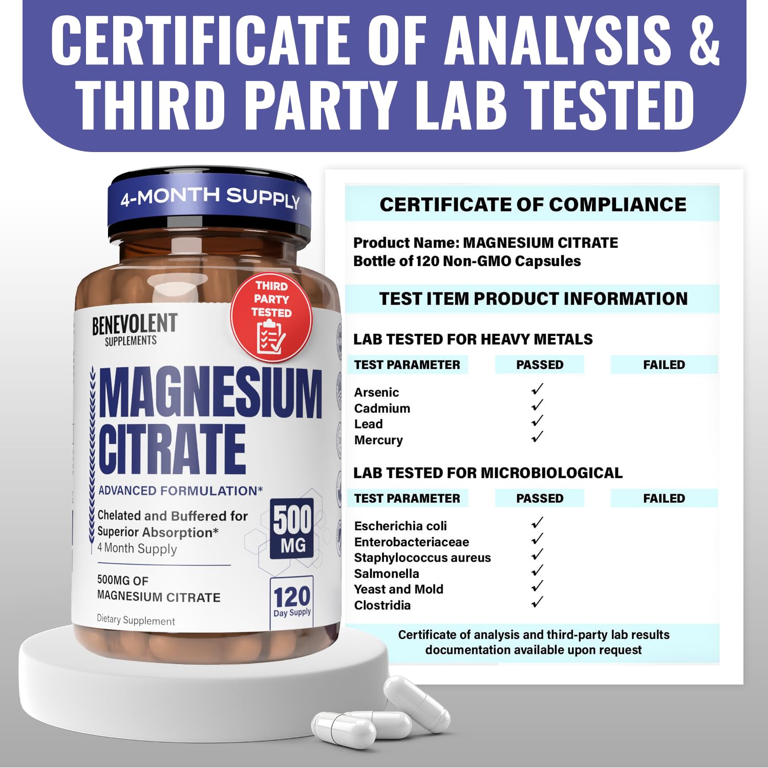 Vege capsules bottle of Benevolent magnesium citrate