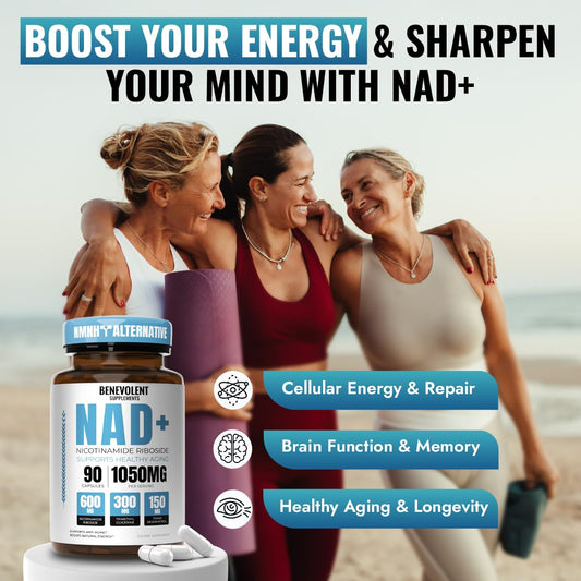 Benevolent NAD+ 1050mg bottle – back label with ingredients