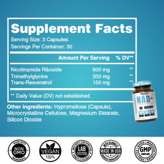 Infographic showing the 3-in-1 NAD+ blend: NAD+, Trans-Resveratrol, TMG