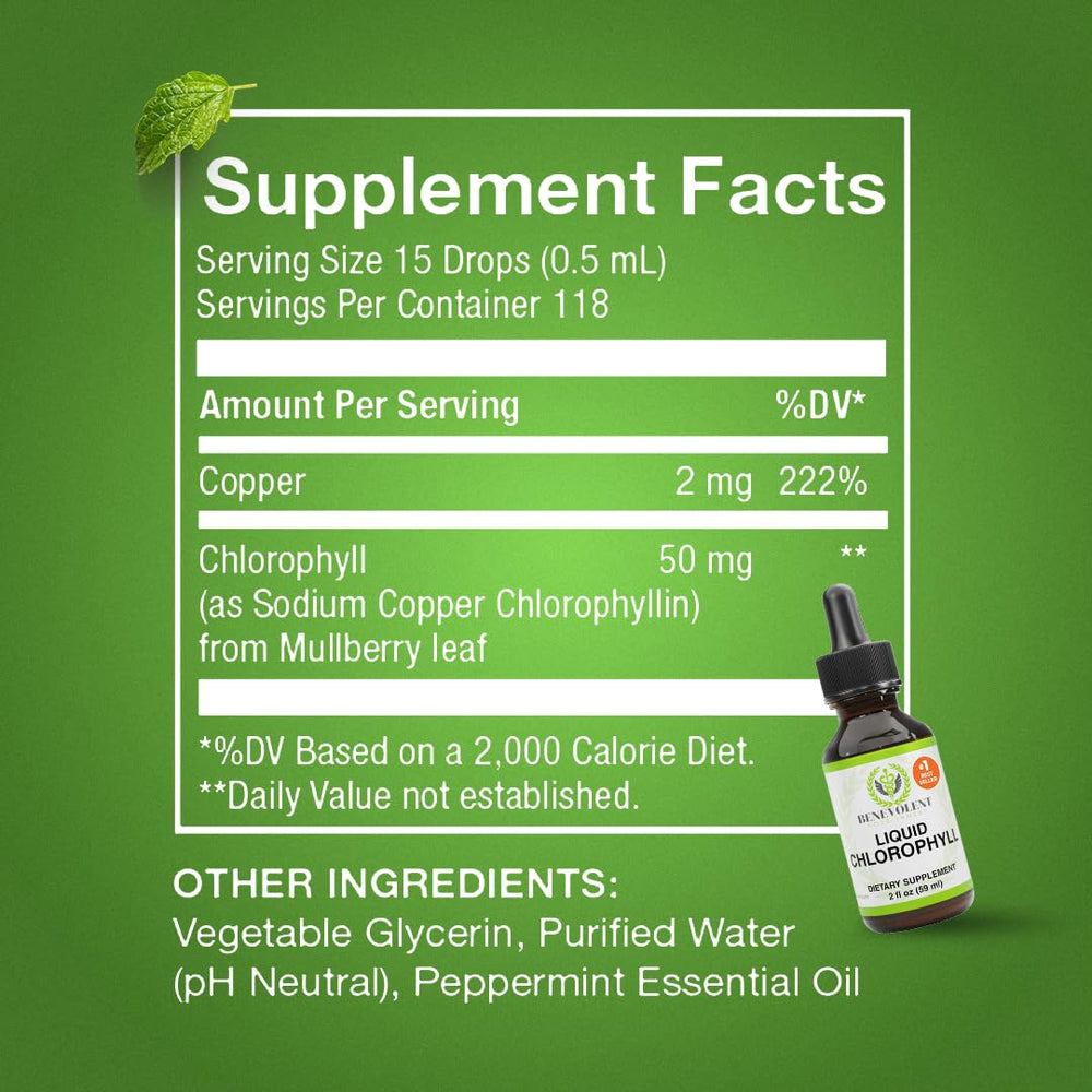 Close-up of mint-flavored chlorophyll drops bottle label