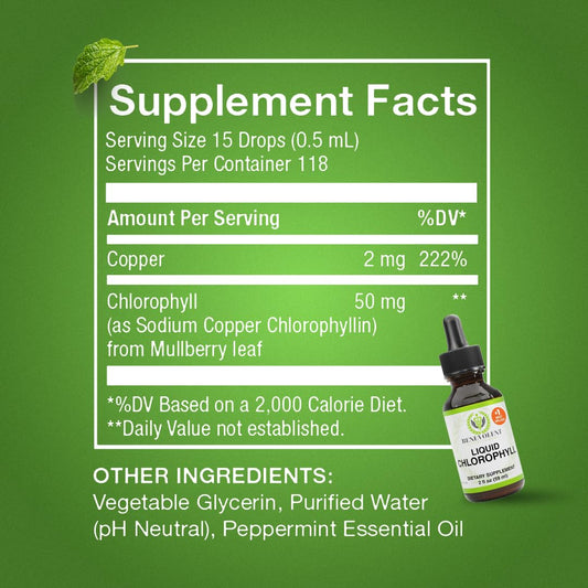 Close-up of mint-flavored chlorophyll drops bottle label