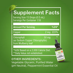 Close-up of mint-flavored chlorophyll drops bottle label