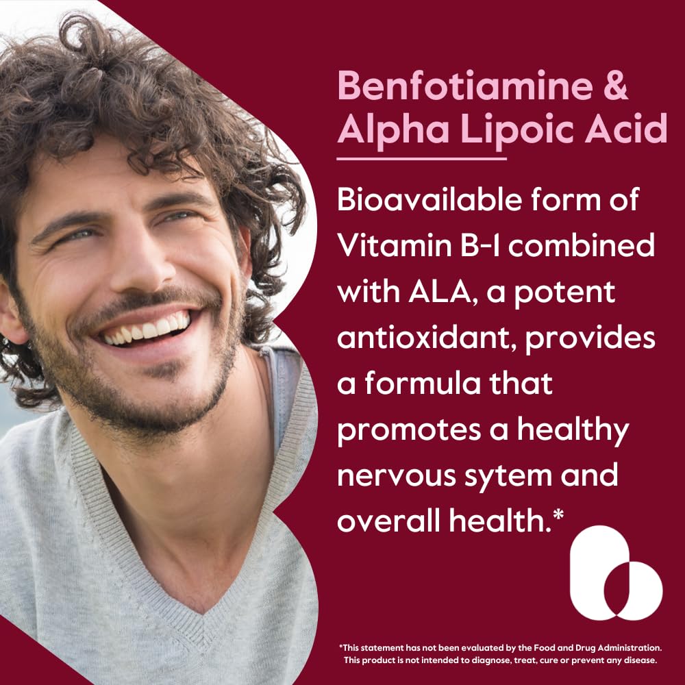 Close-up of capsules showing Benfotiamine 150mg and ALA 300mg