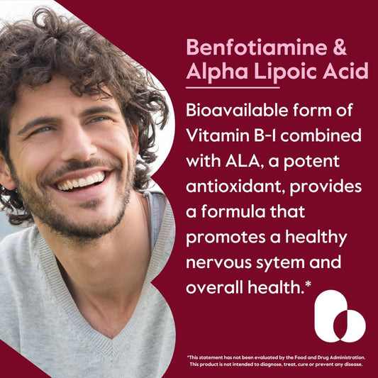 Close-up of capsules showing Benfotiamine 150mg and ALA 300mg