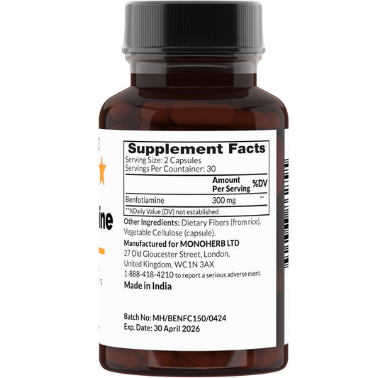 Close-up of Benfotiamine 300 mg capsules in a vegan capsule