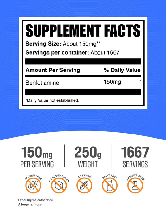 Packaging of BulkSupplements Benfotiamine powder 250g gluten-free