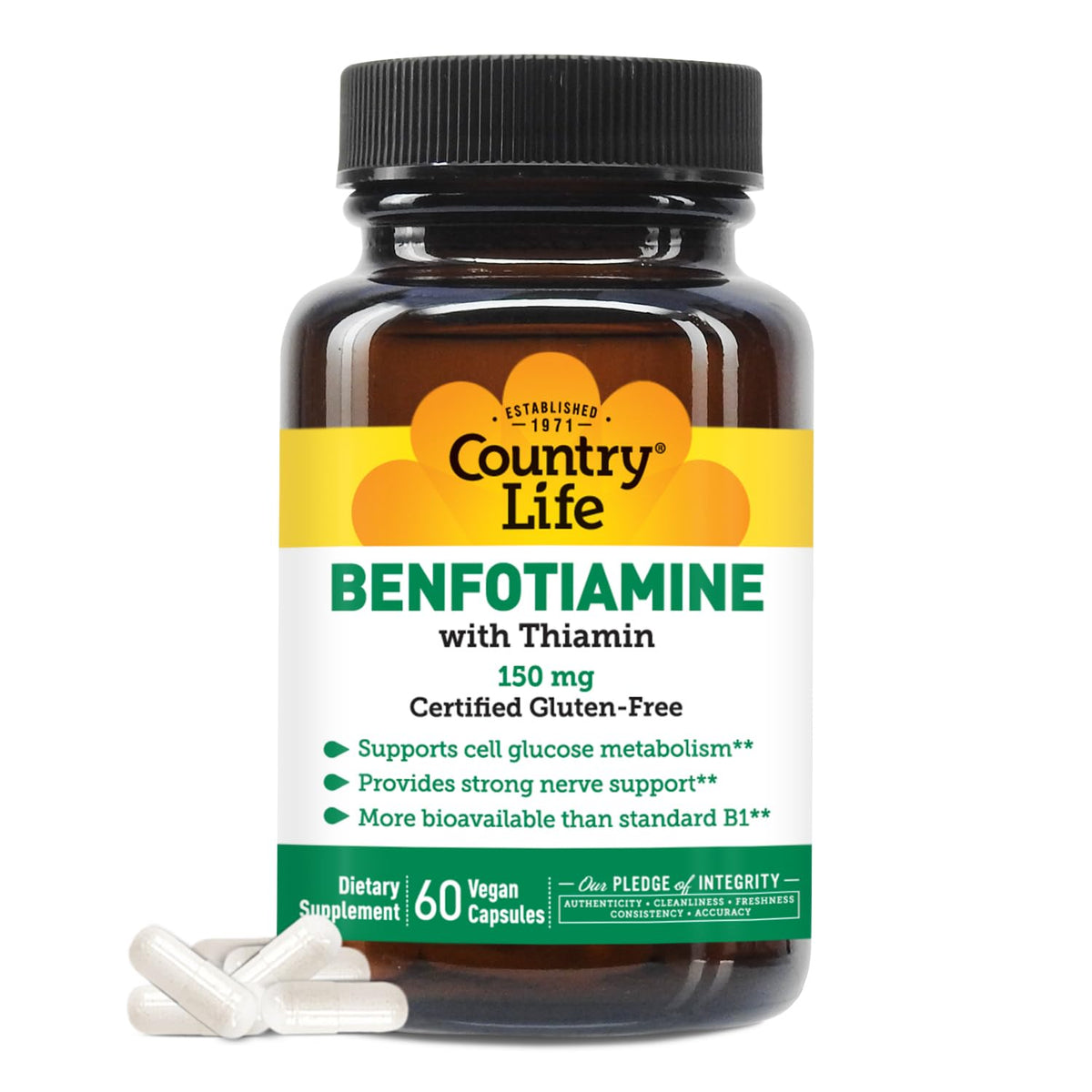Country Life Benfotiamine with Thiamin bottle – 150 mg, 60 vegetarian capsules