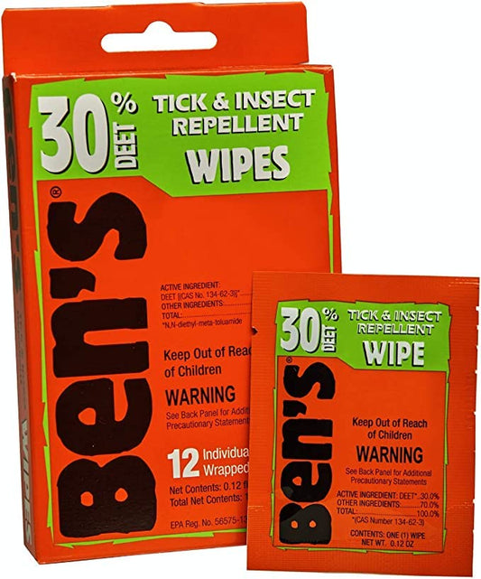 Ben's 30 Deet wipes individually wrapped for controlled application