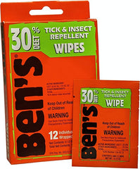 Ben's 30 Deet wipes individually wrapped for controlled application