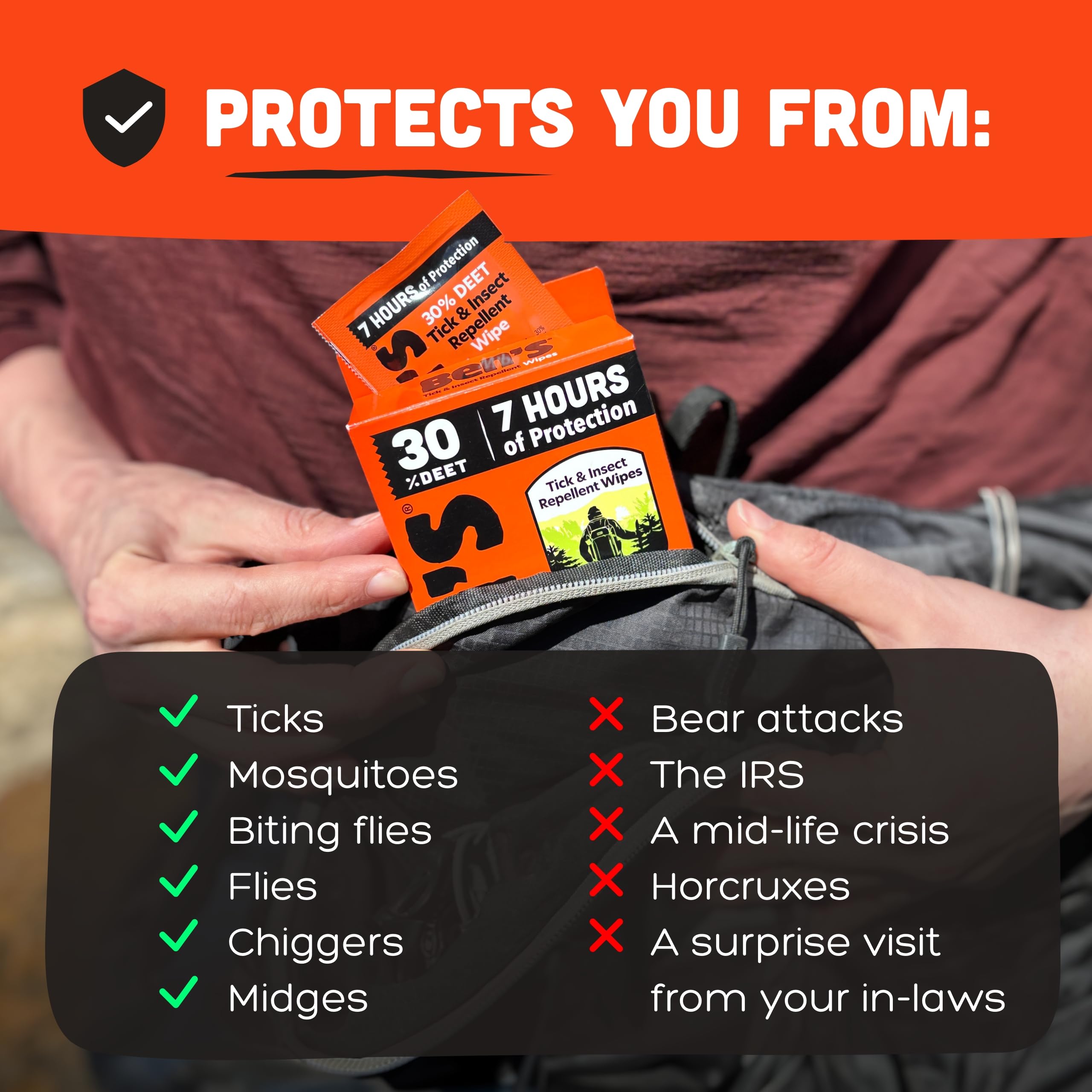 Ben's Tick & Insect Repellent Wipes closeup highlighting 30 percent DEET content.