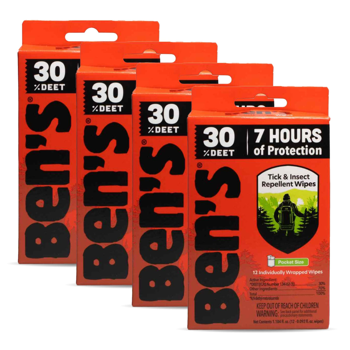 Ben's Tick & Insect Repellent Wipes pack front view for easy outdoor protection.