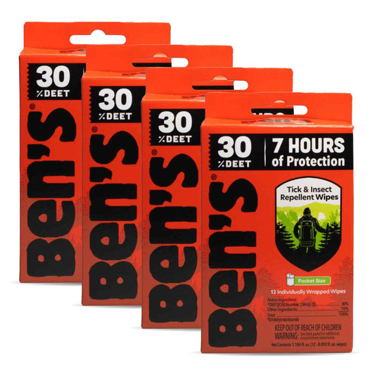 Ben's Tick & Insect Repellent Wipes pack front view for easy outdoor protection.