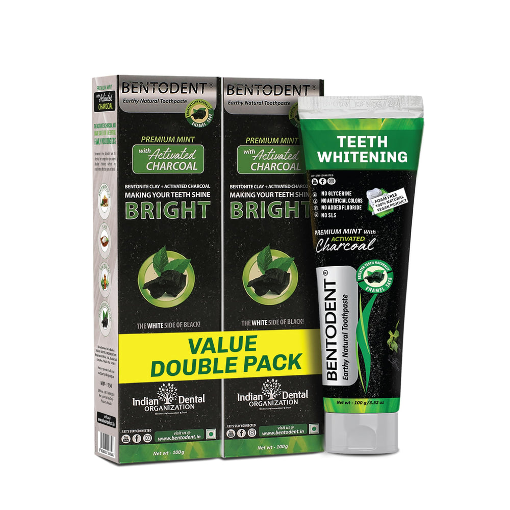Bentodent Charcoal toothpaste tube with mint flavor on white background