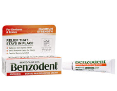 Applying Benzodent cream to denture sore area
