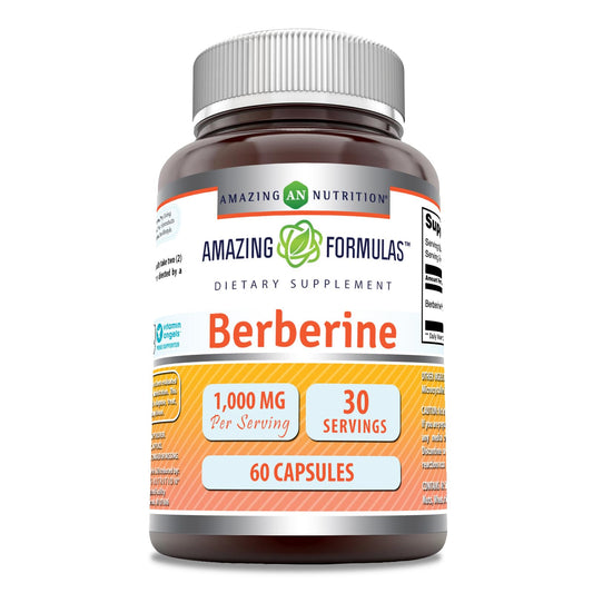 A bottle of Amazing Formulas Berberine 1000mg per serving with 60 capsules