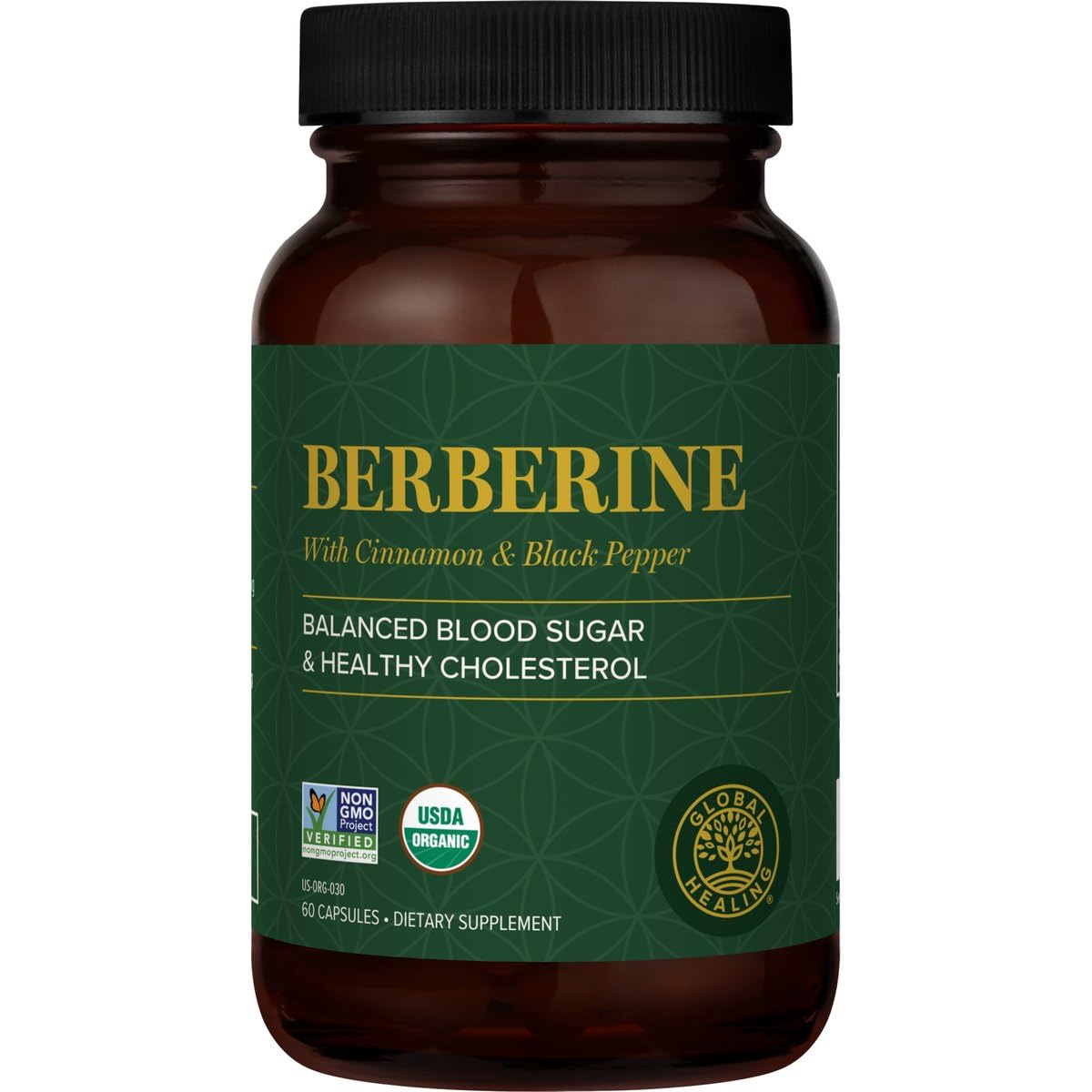Global Healing Center Organic Berberine 1200 mg bottle with cinnamon and black pepper