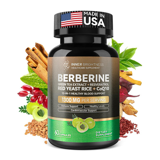 Bottle of Berberine 1300mg with Green Tea Extract, Resveratrol, Red Yeast Rice and CoQ10, 60 capsules
