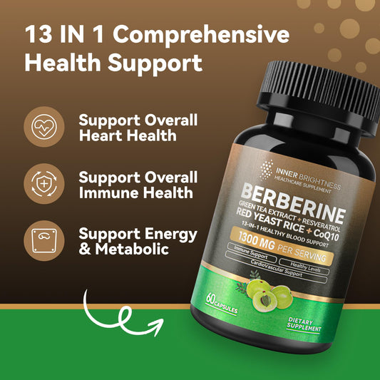 Close-up of supplement bottle showing Berberine 1300mg formula