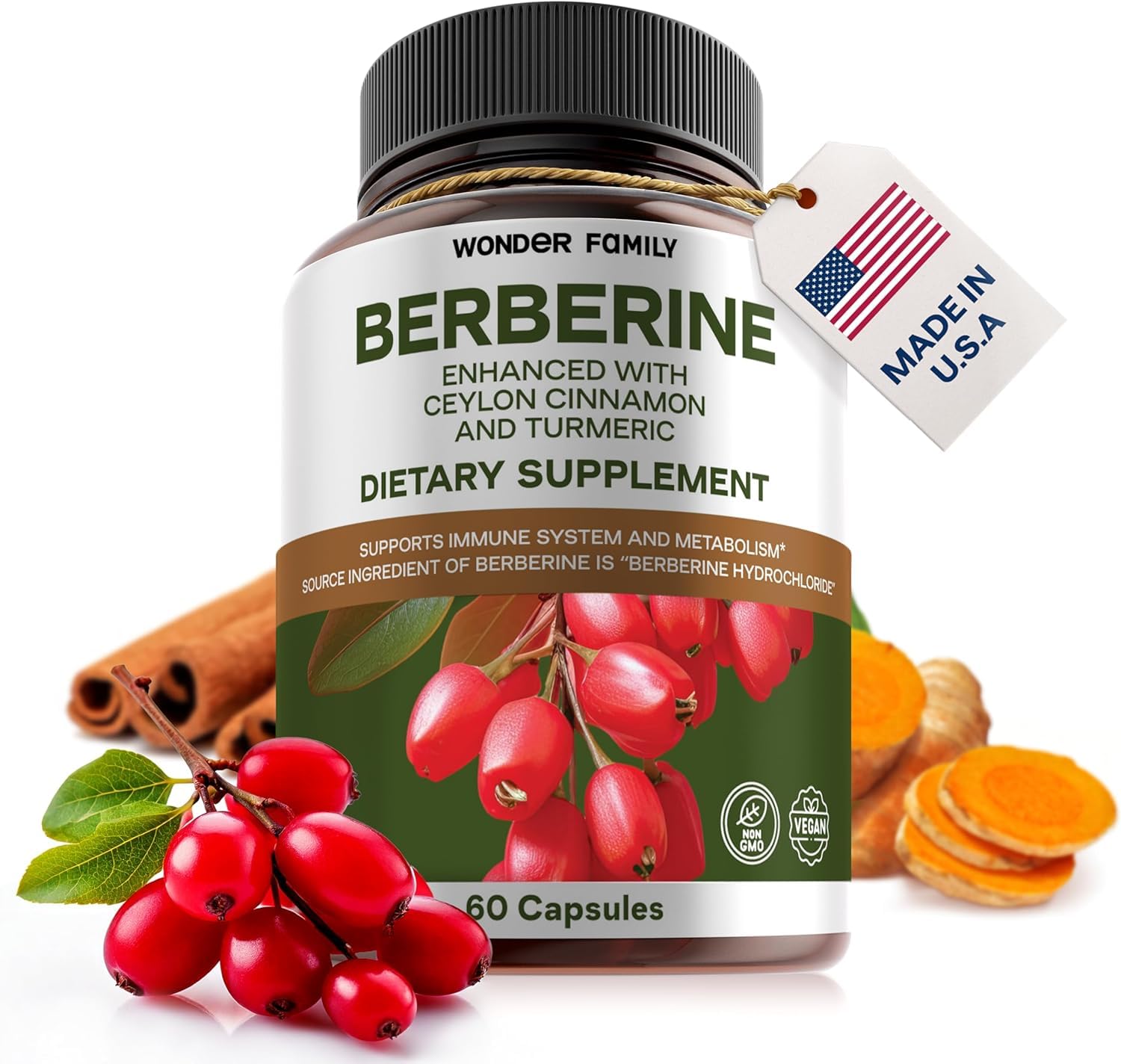 Bottle of Berberine 500 mg capsules with probiotics and Ceylon cinnamon