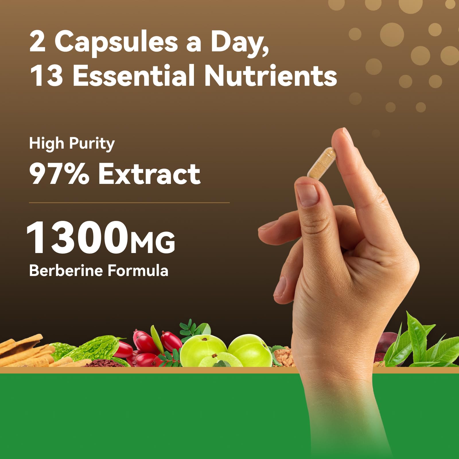 Nutritional label for Berberine 1300mg supplement with immune support ingredients