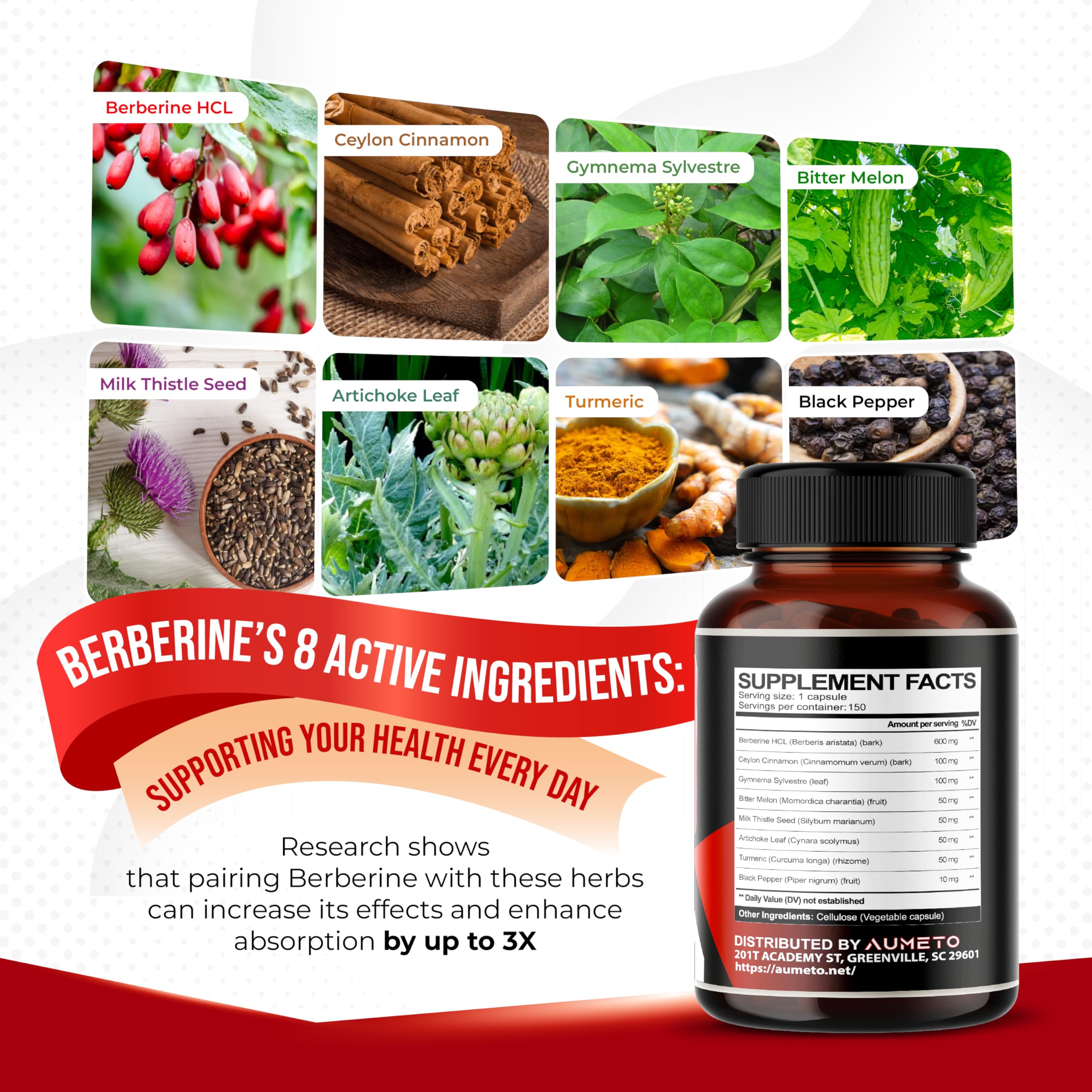 Close-up of berberine capsules showing 150-count bottle