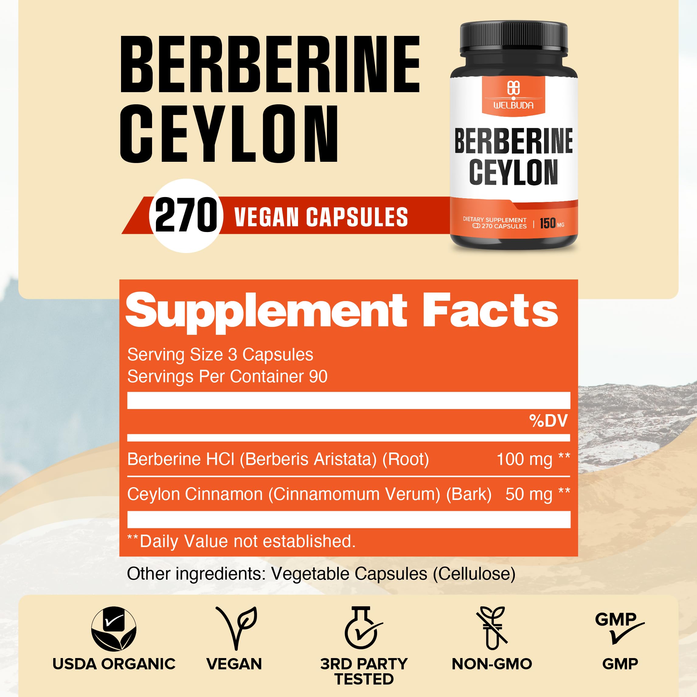 Product packaging showing 270 capsules per bottle