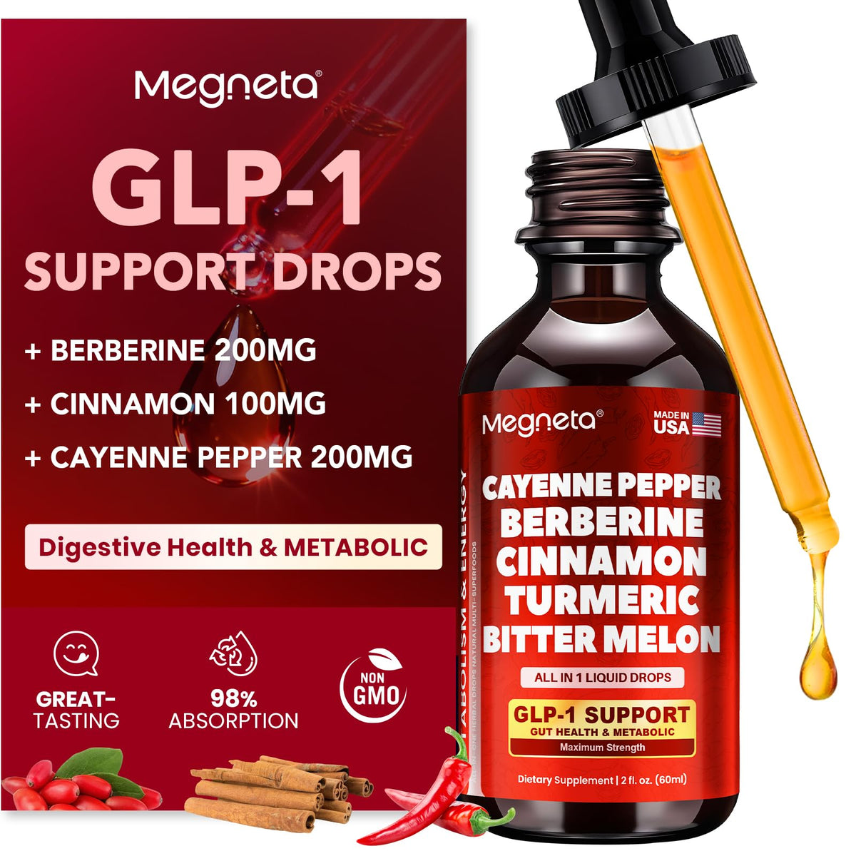 Bottle of Berberine with Ceylon Cinnamon and Cayenne Pepper liquid drops (2 oz) – hero image