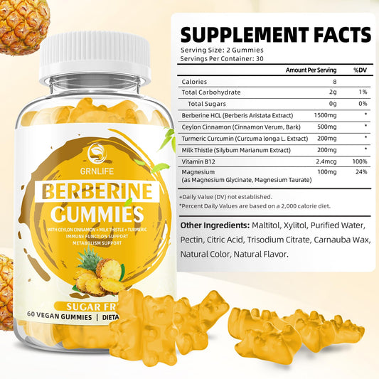 Label showing pineapple flavor and sugar-free formula for Berberine Cinnamon Gummies