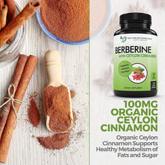 Ingredients and supplement facts panel for Berberine with Ceylon Cinnamon