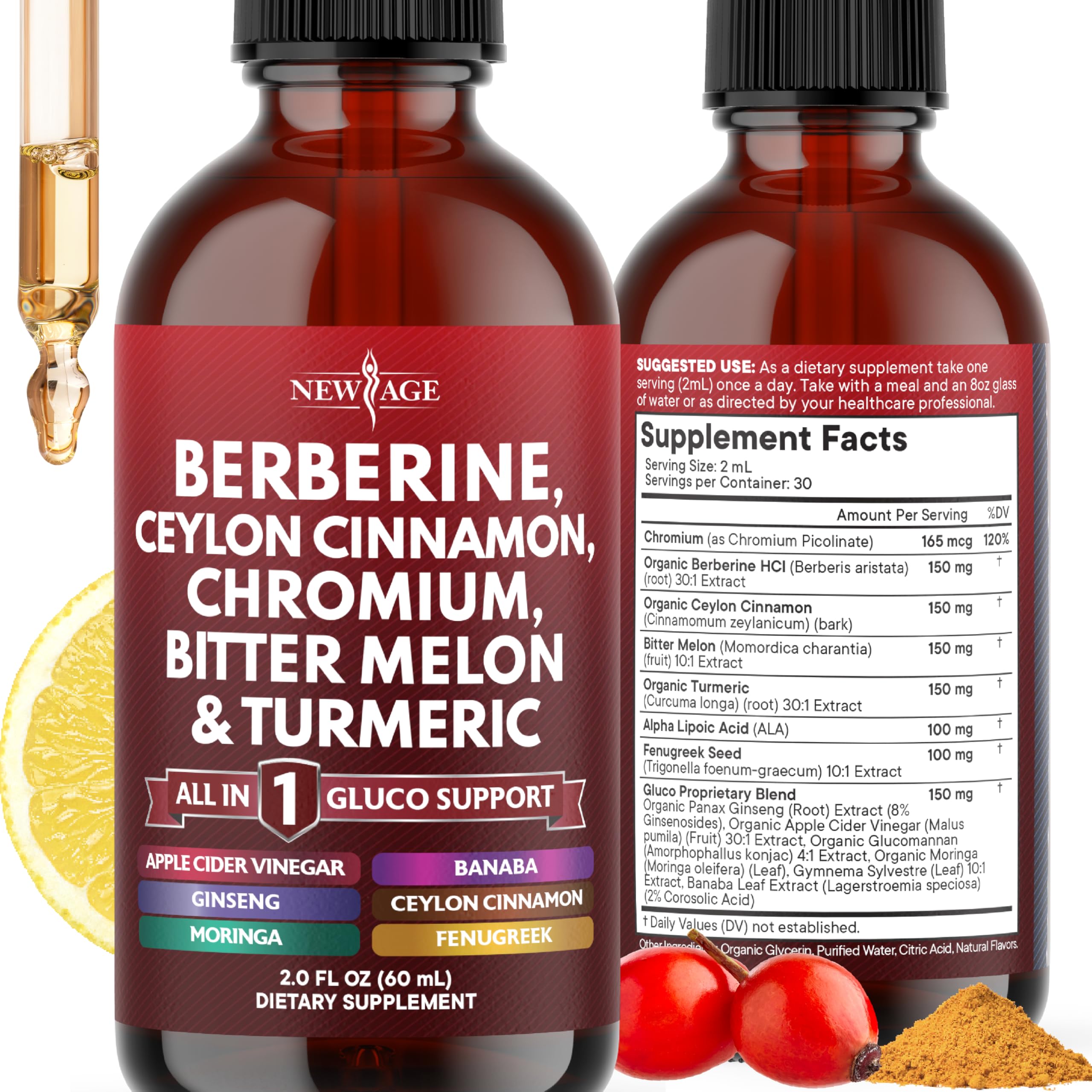 Front view of Berberine with Ceylon Cinnamon Liquid Drops bottle (2 oz)