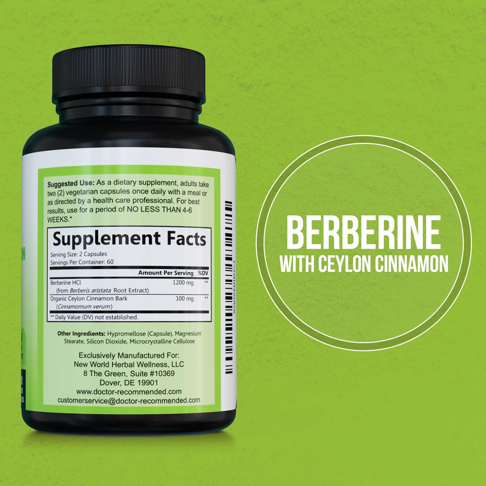Berberine 1200mg and Cinnamon 100mg per serving on label