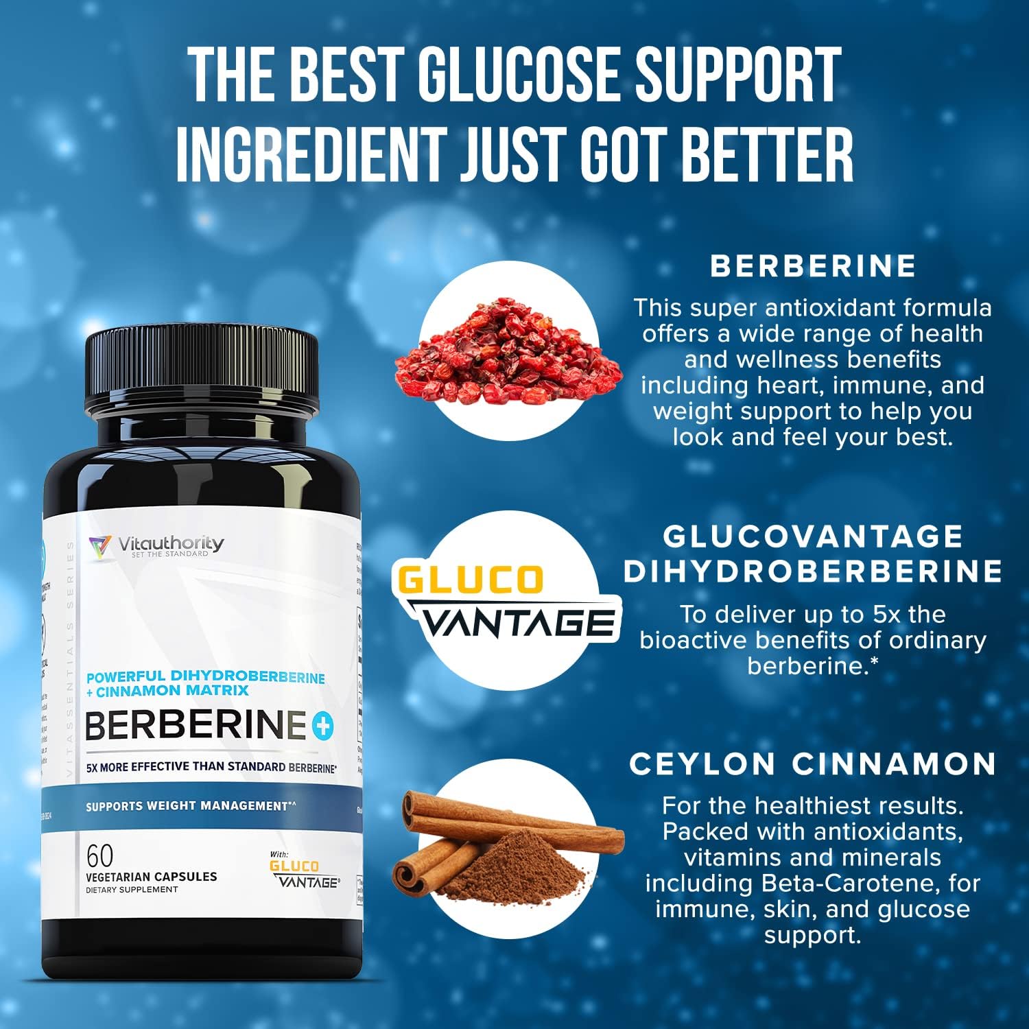 Ingredients highlighting berberine and Ceylon cinnamon