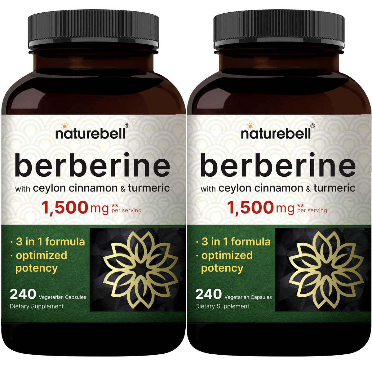 Berberine supplement bottle with Cinnamon and Turmeric on label