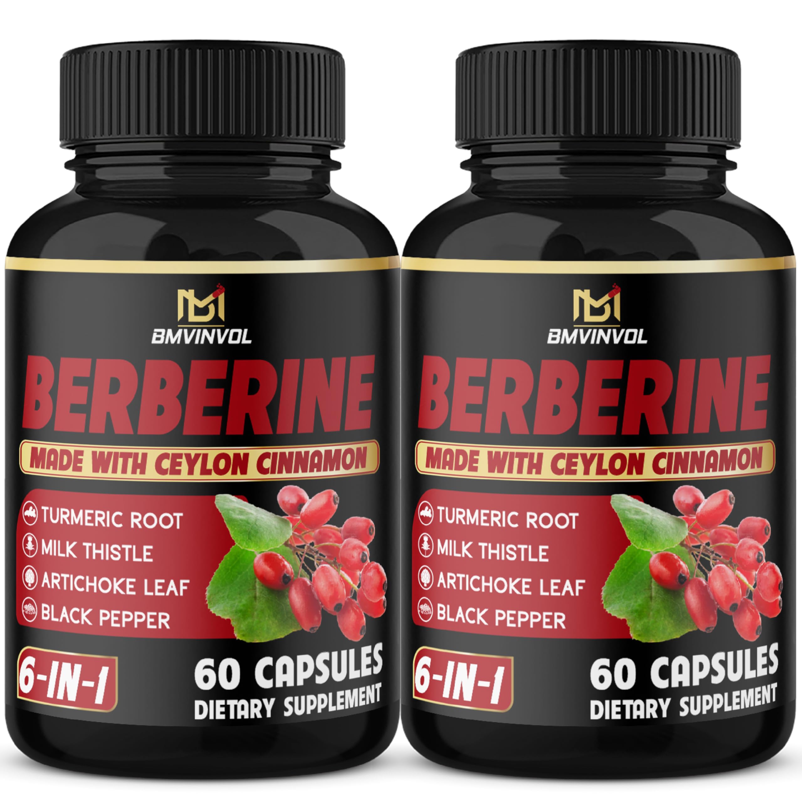 Close-up of Berberine supplement capsules with Cinnamon, Turmeric, Artichoke, Milk Thistle and Black Pepper