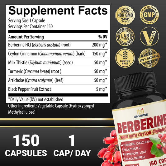 Berberine bottle with label and 150-count packaging