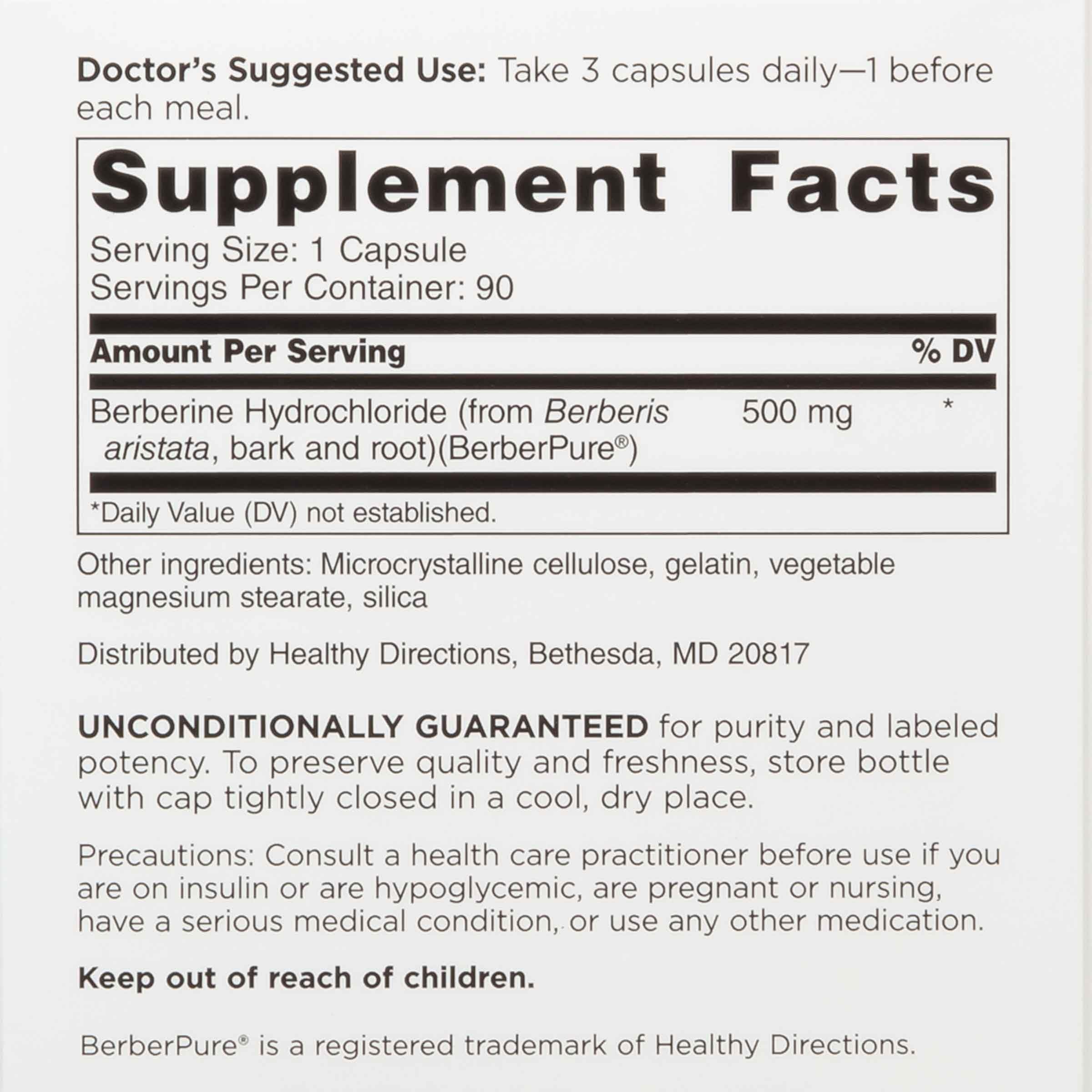 Label showing 1,500 mg berberine daily dosage