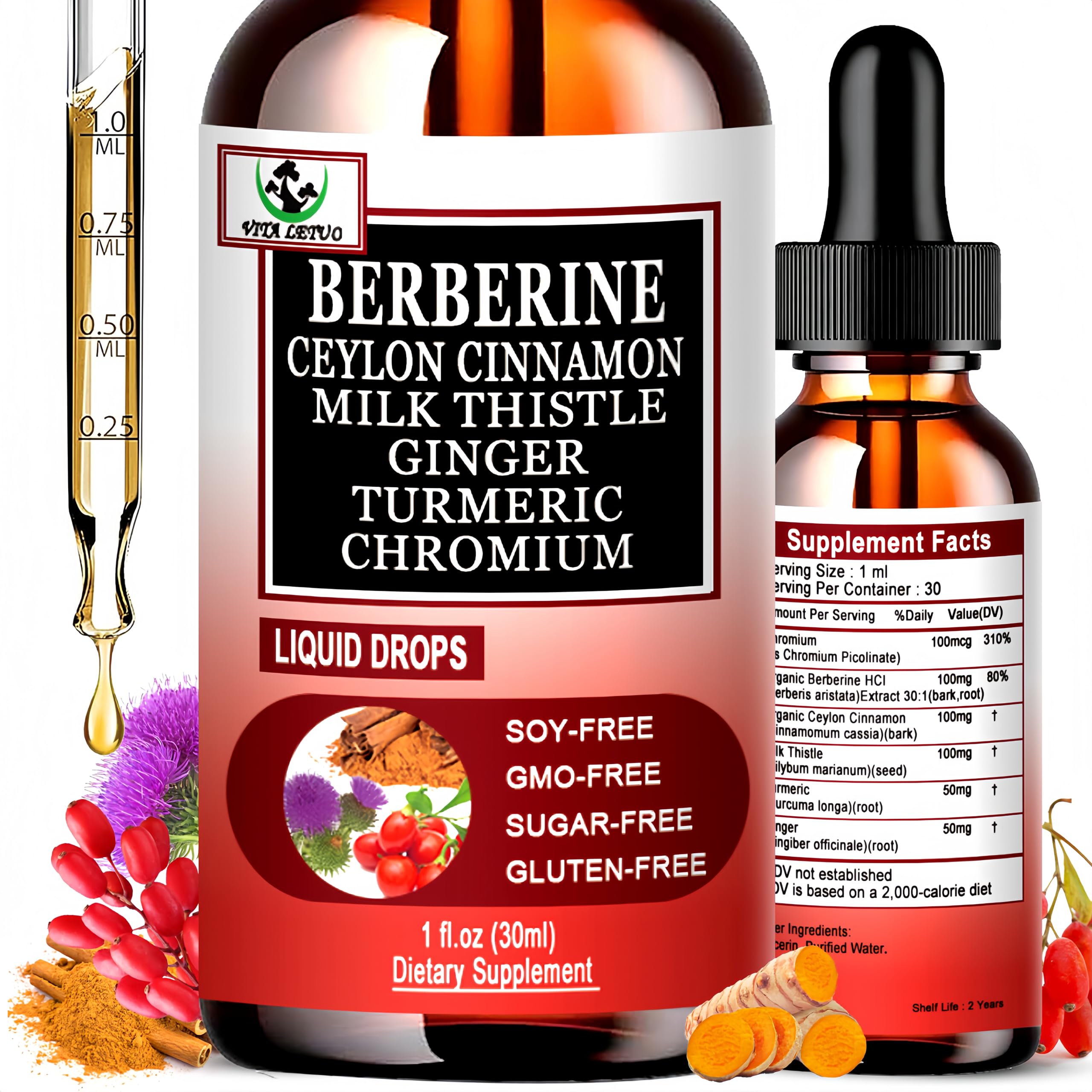 Berberine Drops bottle with 6-in-1 formula, 30 servings