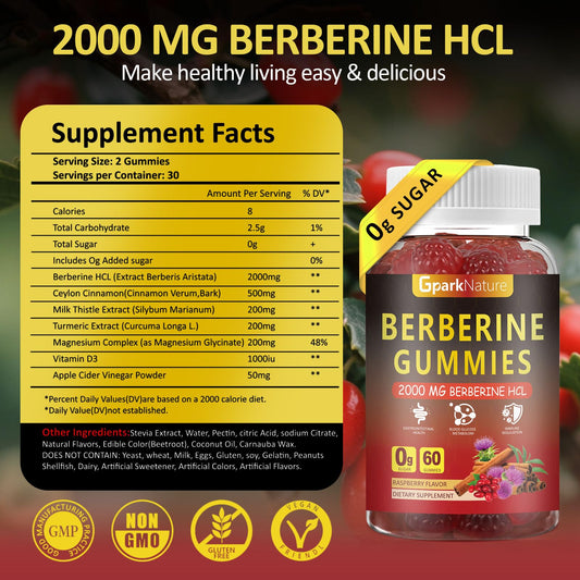 Berberine Gummies Raspberry flavor bottle back with nutrition facts