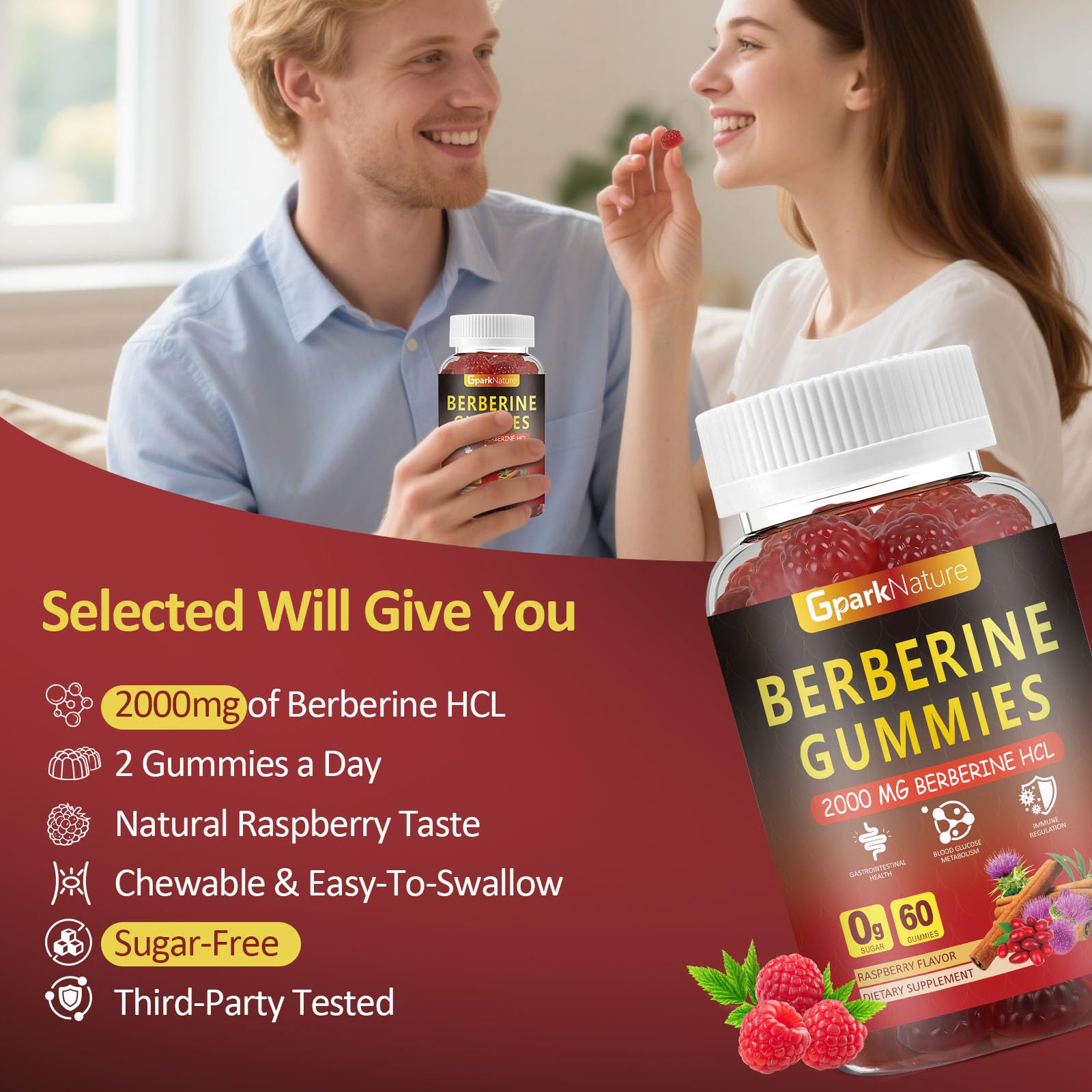 Label on Berberine Gummies bottle with ingredients and vegan sugar-free claim