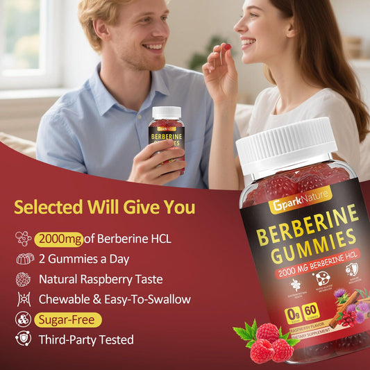 Label on Berberine Gummies bottle with ingredients and vegan sugar-free claim