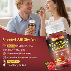 Label on Berberine Gummies bottle with ingredients and vegan sugar-free claim