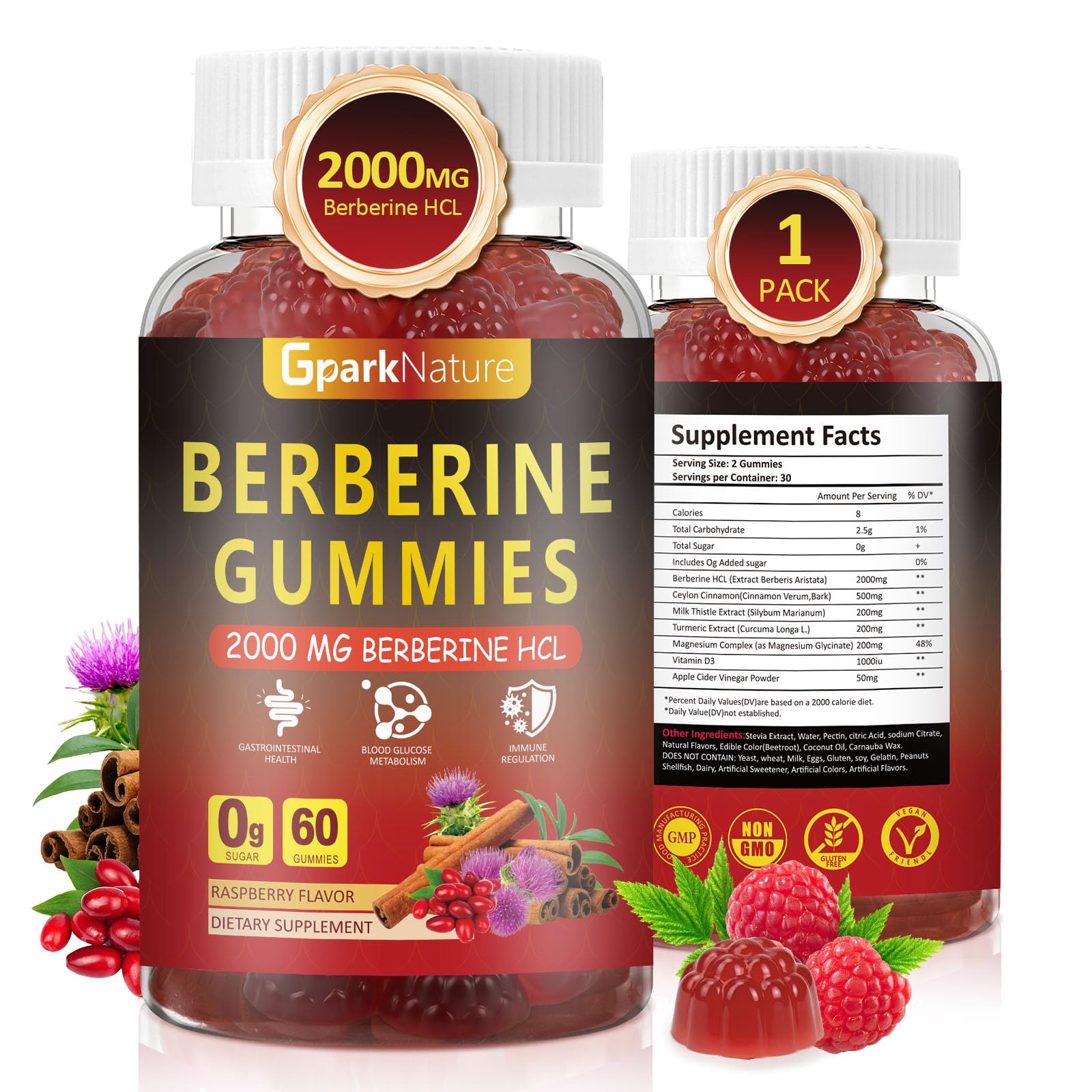 Front view of Berberine Gummies bottle in raspberry flavor, 60 count