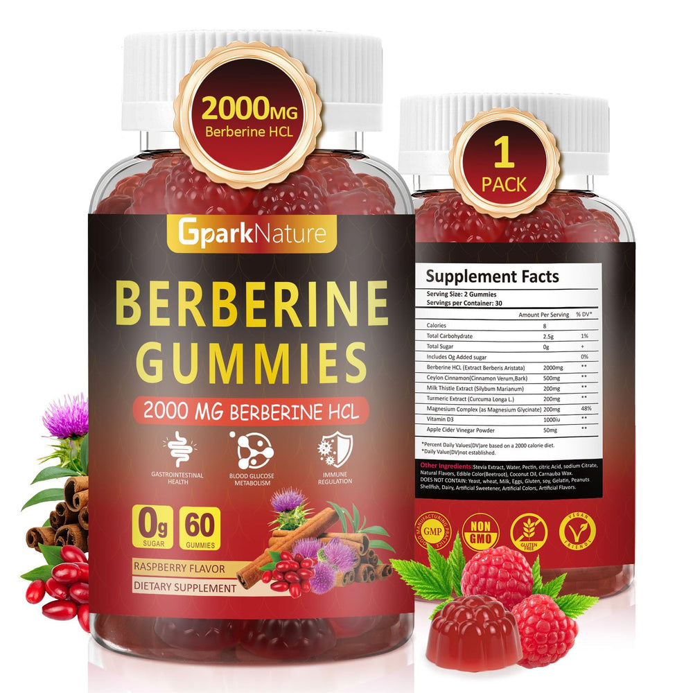 Front view of Berberine Gummies bottle in raspberry flavor, 60 count